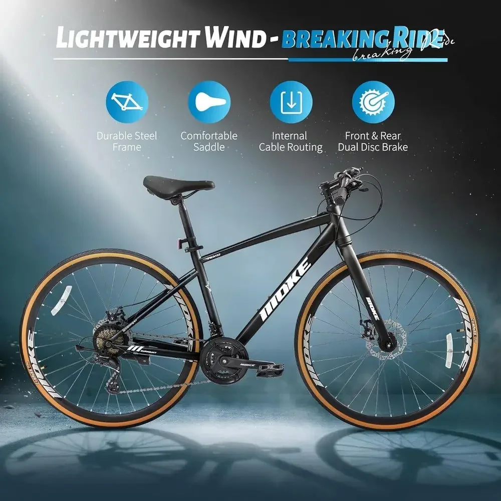 24-Speed 700C Wheel Hybrid Bike with Dual Disc Brakes, Trigger Shifting, Internal Wiring - Lightweight City Commuter for Men & W