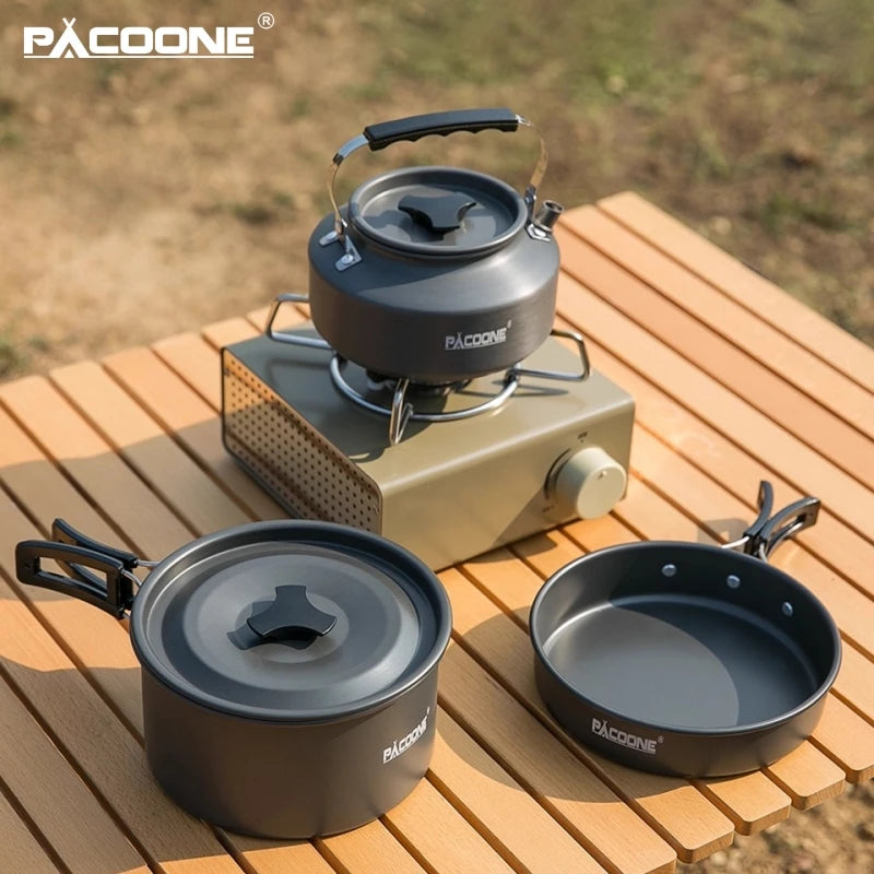 PACOONE Camping Cookware Set Portable Cookware Kit Outdoor Pot Cooking Water Kettle Pan Set Tableware Hiking Picnic Equipment