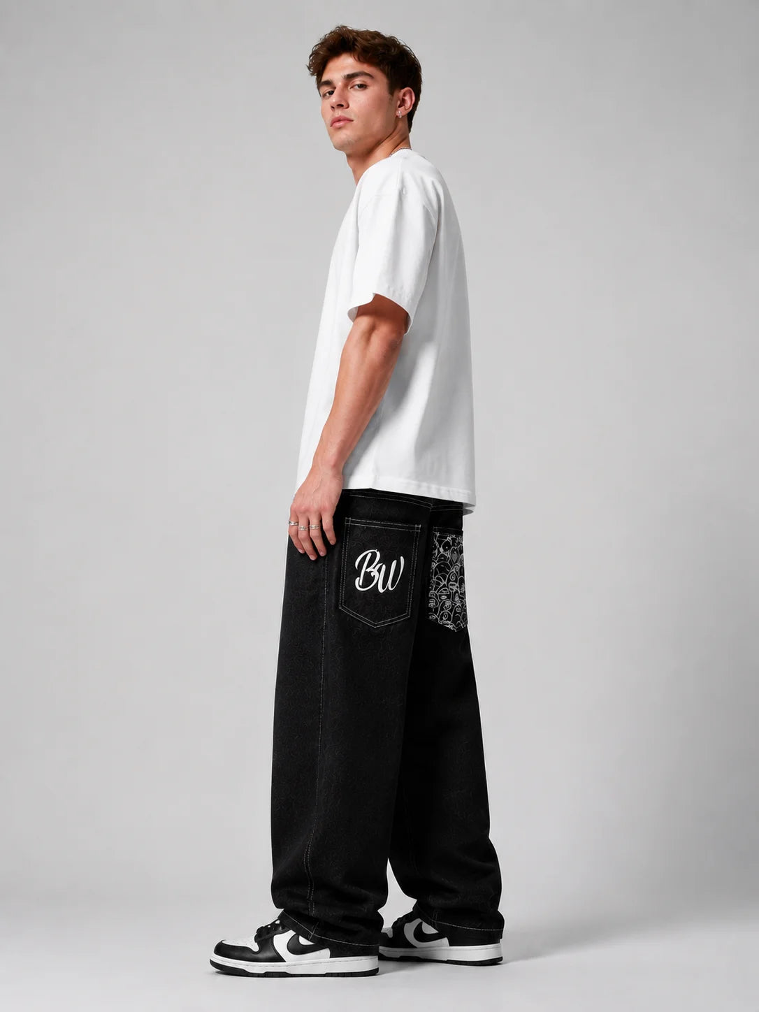 UP.THE Men Black Baggy Wide Leg Jeans, Y2K Oversized Loose Denim Pants, Back Graphic Print Streetwear Trousers for Daily Outfits