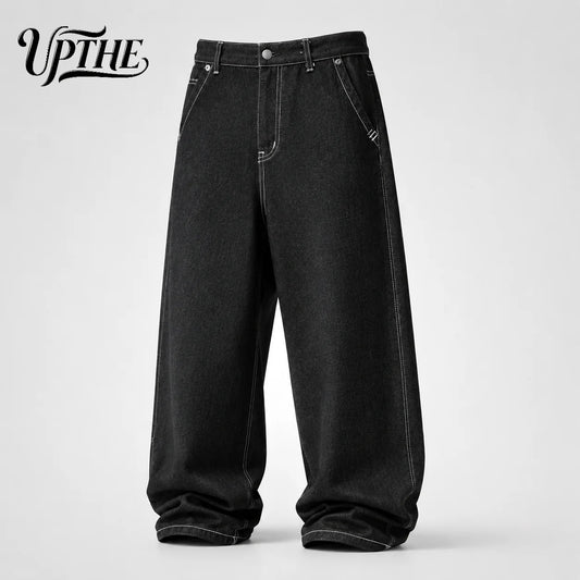 UP.THE Men Black Baggy Wide Leg Jeans, Y2K Oversized Loose Denim Pants, Back Graphic Print Streetwear Trousers for Daily Outfits