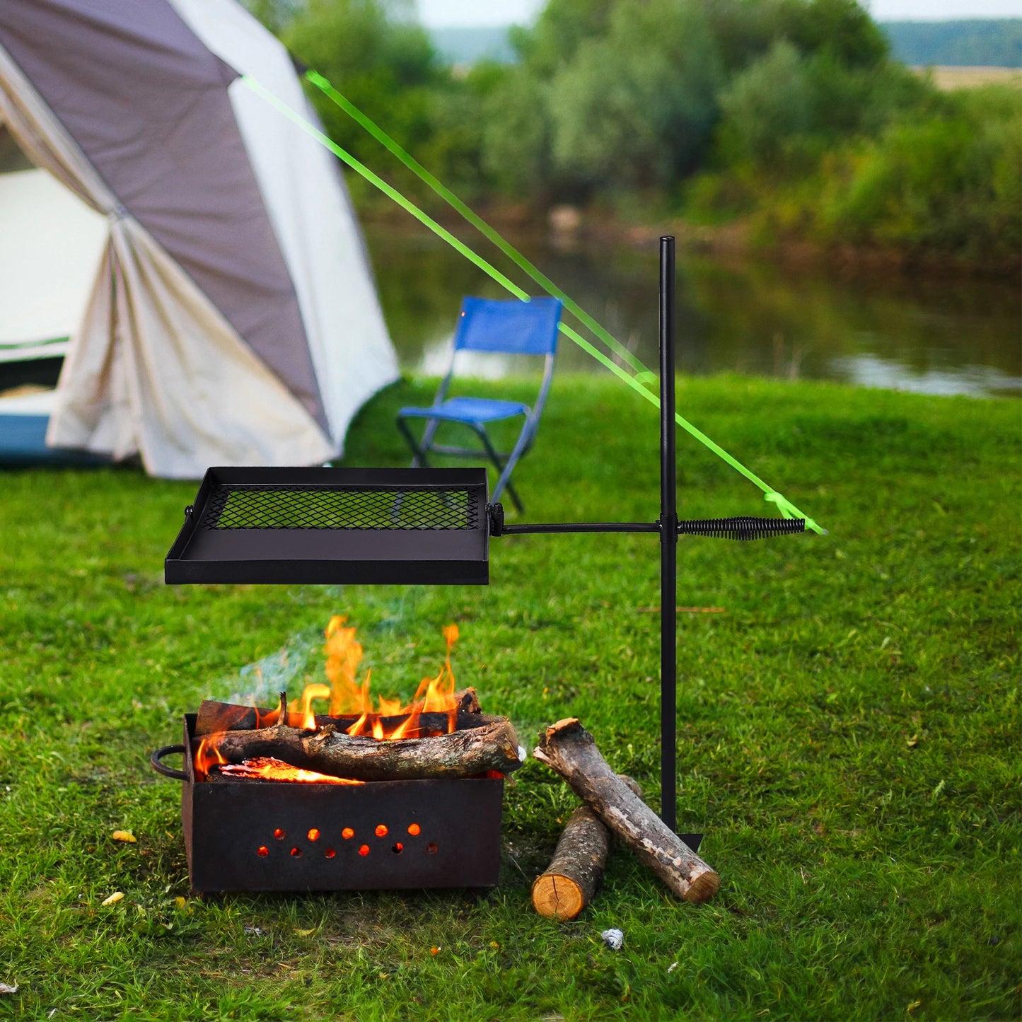 Folding Swivel Campfire Grill, Portable Cooking Grate over Fire Pit, Lightweight Grate Camp Fire Rack with Carrying Bag Outdoor
